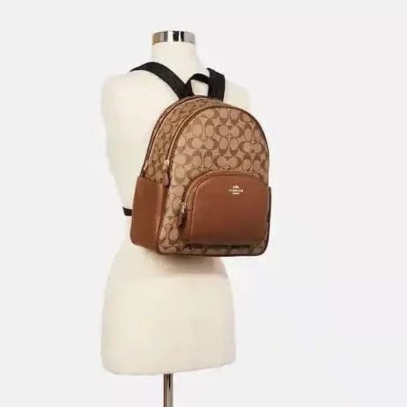 NWT Coach 5671 Court Backpack In Signature Canvas Khaki Saddle Brown Medium Bag - Picture 5 of 16
